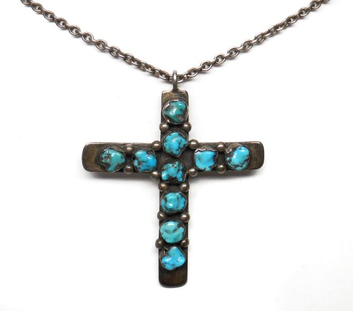 HEAVY STERLING TURQUOISE CROSS PENDANT NECKLACE