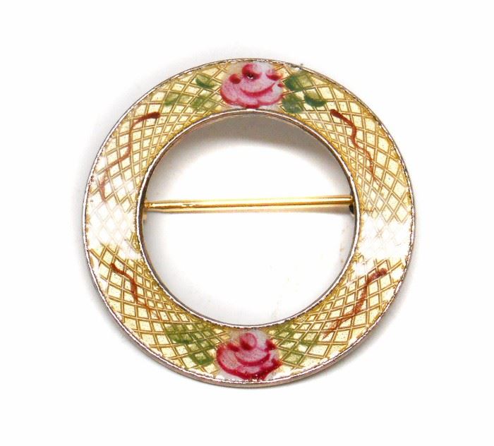 LEMON YELLOW WITH ROSES GUILLOUCHE ENAMEL BROOCH