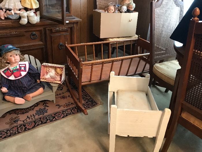 Baby cradle and vintage doll bed