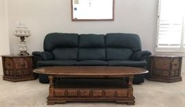 Sofa (sorry folks, but no longer avail) Pair 6-Sided Vintage End Tables, Oval Coffee Table Wall Mirror , Hurricane Table Lamp