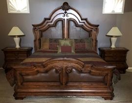 Michael Amini Signature Series King Bedroom Suite: Exquisite Wood and Padded Bed Frame, 2 Nightstands w Granite Tops, Dresser with Granite Top and Entertainment Unit/Drop Front Desk
Decorative Mirror Pair Table Lamps
Bedding