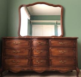 Bedroom Suite: Dresser w Mirror, Pair Nightstands, Highboy, Headboard w Metal Frame