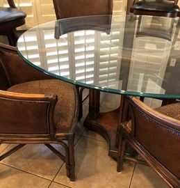 Glass Top Dining Table w 4 Rattan/Wicker Arm Chairs 
