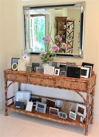 Rattan console with tortoise shell finish;  Collection of ready-to-use fancy frames