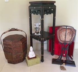 Antique Chinese wedding basket; Chinese porcelain  Quan Yin; Chinese crystal vase painted from inside; Antique Chinese lapis, sandalwood, and  bamboo fan with stand; Antique Shanghai lacquered stand