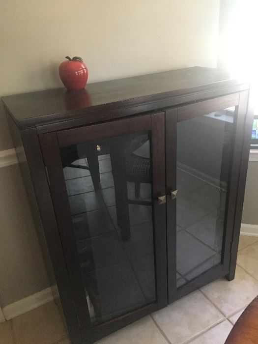 Small wood cabinet w/glass doors and inside shelves