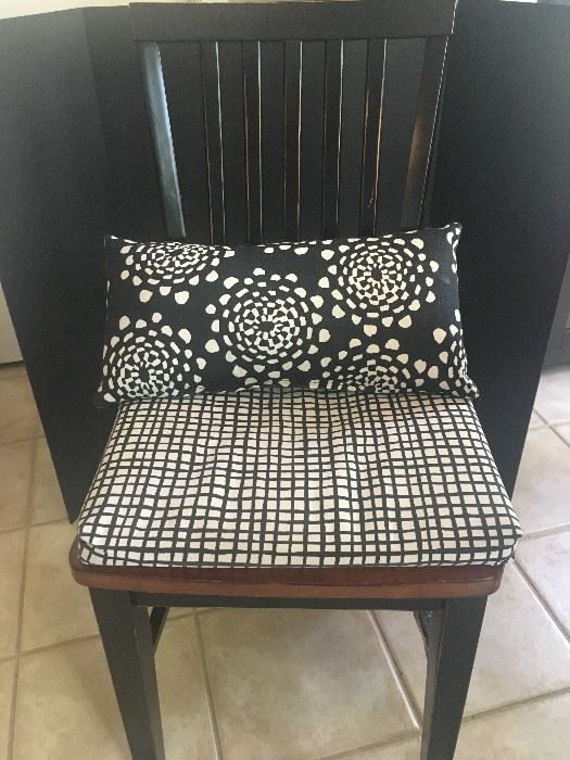 Straight back chair for dinette set, black painted wood with upholstered seat cushion