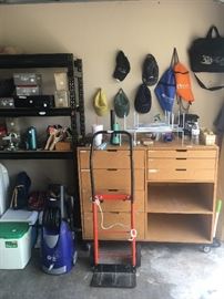 Storage cabinets (portable), 2 wheel dolly, assorted garage