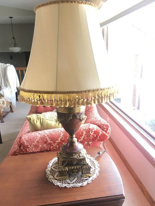 Amazingly detailed pagoda lamp and fringed shade