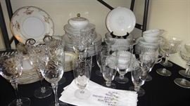 Etched crystal stemware, assorted china