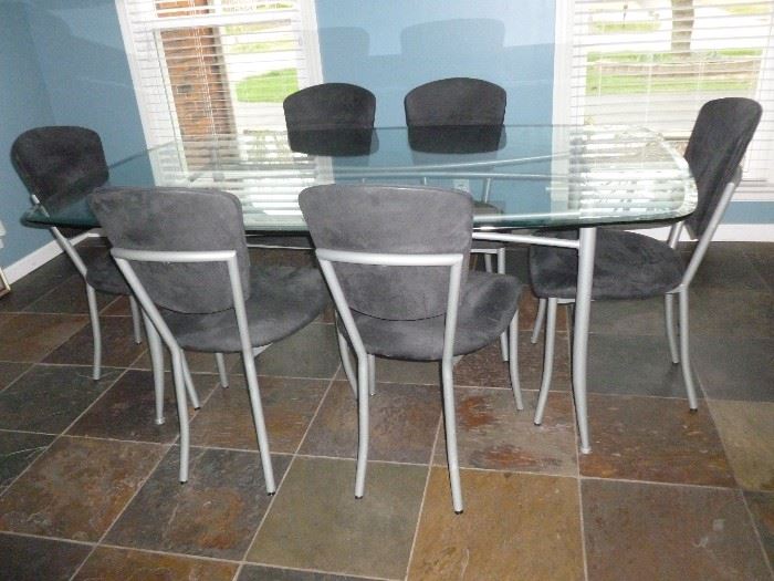 Glass & Metal table w/6 microfiber chairs