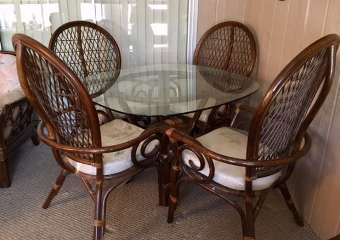 Rattan/Glass Dining Table w/ 4 Arm Chairs