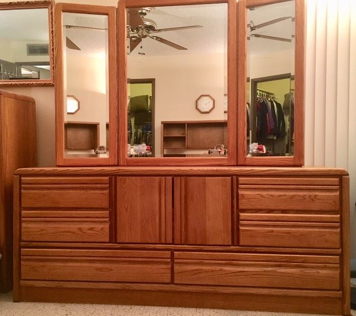 Black Hawk Oak Triple Dresser w/ Storage Mirrors
