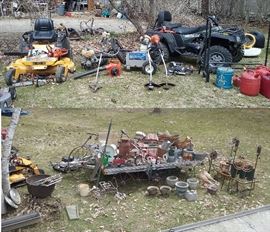 Cub Cadet 50" zero turn, Artic Cat 500 4X4 quad, Excell 3500psi power washer, Echo 305, 310, 440 chainsaws, leaf blower, weed whip, Craftsman back pack leaf blower, garden decor, iron wagon wheels, rusty, chipy