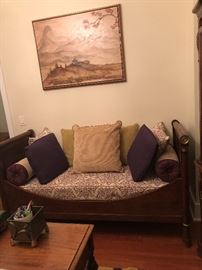 Antique daybed with custom mattress and bedding, oil on canvas painting 