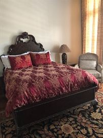 Vintage Thomasville queen bed, mattress and bedding.  Oriental rug and pair of vintage bamboo design ceramic lamps