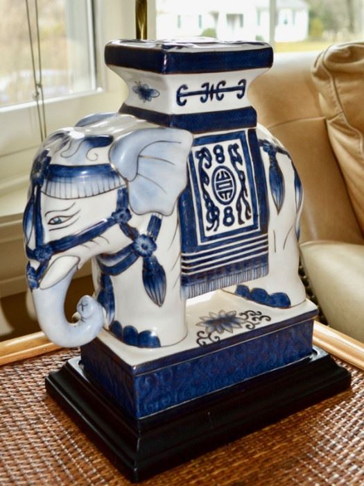 One of two porcelain elephant lamps