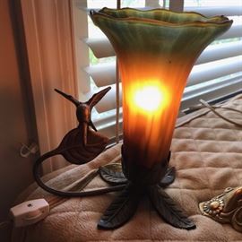 Repro brass and glass hummingbird lamp.