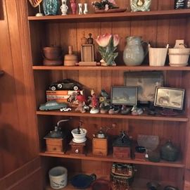Antique coffee grinders, pottery, figurines ,McCoy,and more.