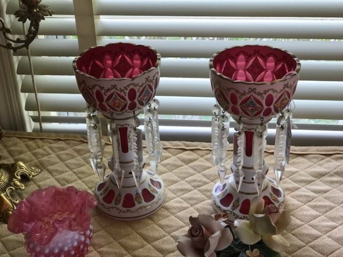 Pair of Bohemian Glass mantle crystal drop candlesticks.