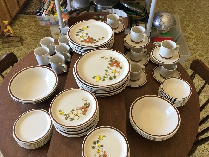 Fun set of casual china  with both mugs and cups with saucers for that espresso you need after indulging,... from the Woodaven collection, Sunnybrook pattern
