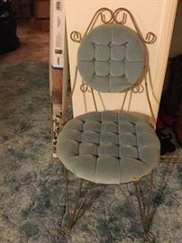 Sweet tufted baby blue velveteen vanity stool chair with metal scroll work