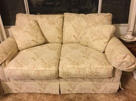 Neutral fabric Loveseat, arm covers hide arm detail, see previous photo of matching sofa