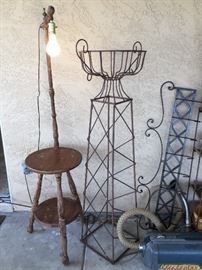 Table lamp, iron plant stand, hook rack, old Electrolux fun