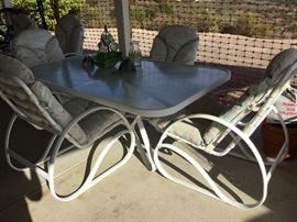 Patio table, rectangle, center option for umbrella, includes four mega comfortable chairs