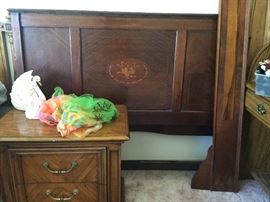 Inlaid bed with headboard, shown also curved footboard, rails and slats