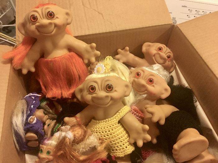 Two boxes of vintage Trolls dolls