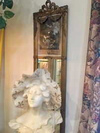 Mirror & alabaster bust on pedestal