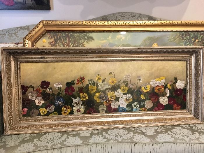 Antique oil painting of pansies