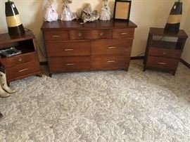 Mid Century Modern Dresser with Matching End Tables by Stanley