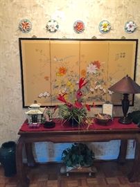 Oriental hanging screen, side table, and misc