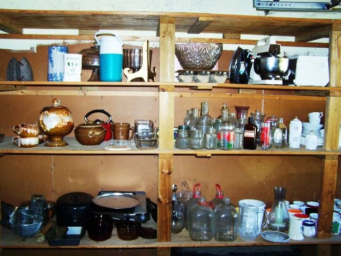 Kitchen items and old bottles