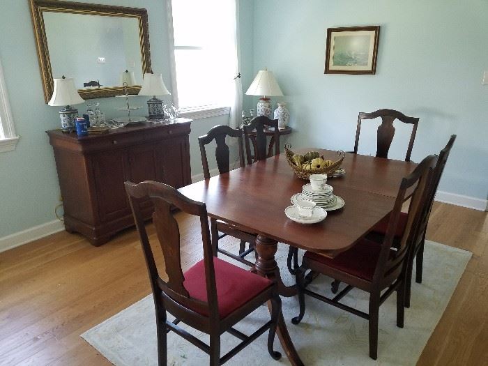 Blue & White lamps SOLD! Duncan Phyfe dining table with 6 chairs and 1 leaf, Drexel Heritage server, L.Adams print w/ certificate, Mirror 