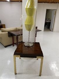 Drexel Heritage Walnut & brass end table, contemporary lamp