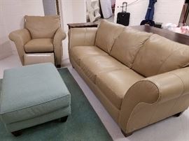 Cindy Crawford Home leather sofa (small tear) and recliner, oversized ottoman