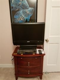 NOLA Aquarium signed poster, T.V., VHS player, night stand/ side table 