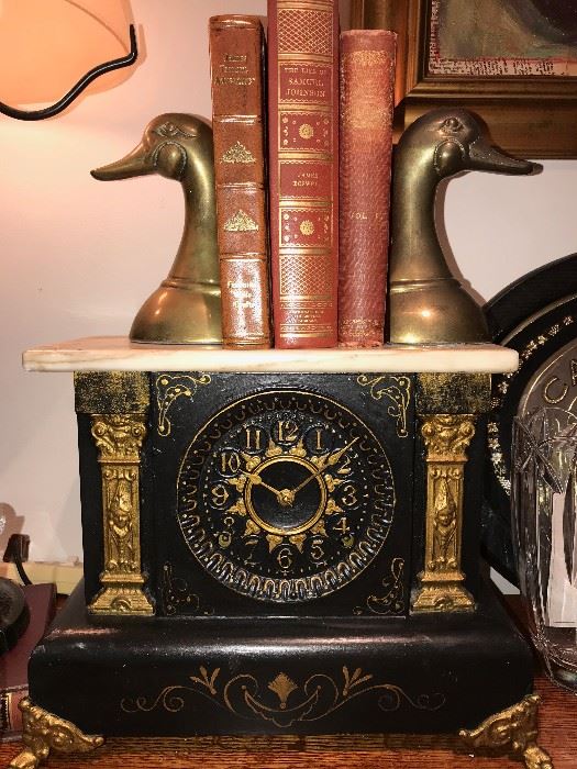 ANTIQUE CLOCK / BRASS DUCK BOOKENDS