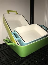 CRATE AND BARREL COLORFUL CASSEROLE DISHES WITH HANDLES