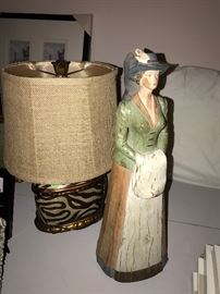 WOODEN LADY FIGURINE AND LAMP
