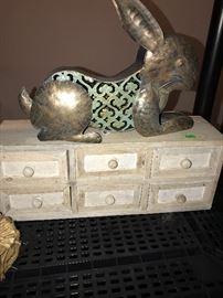 WOODEN DRAWERS AND METAL BUNNY