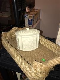 NAUTICAL ROPE TRAY AND PORCELAIN LIDDED JAR
