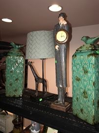 LARGE TURQUOISE POTTERY JARS WITH BIRD LIDS/ GIRAFFE LAMP / TALL WOODEN MAN WITH CLOCK