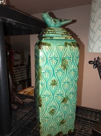 LARGE TURQUOISE POTTERY JARS WITH BIRD LIDS
