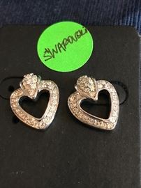 SWAROVSKI CRYSTAL SWAN SIGNED PIERCED EARRINGS