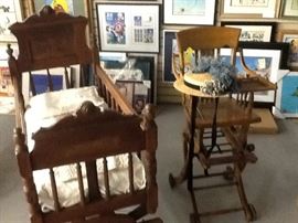 Antique cradle, highchair