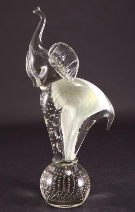 Lot 1:  Solid Glass Elephant w/Trunk Up Standing On Ball